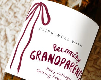 Etiqueta de vino personalizada para anuncio de bebé Diseño de lazo coqueto personalizado Anuncio de embarazo Etiqueta adhesiva de champán para caja de regalo de abuelos