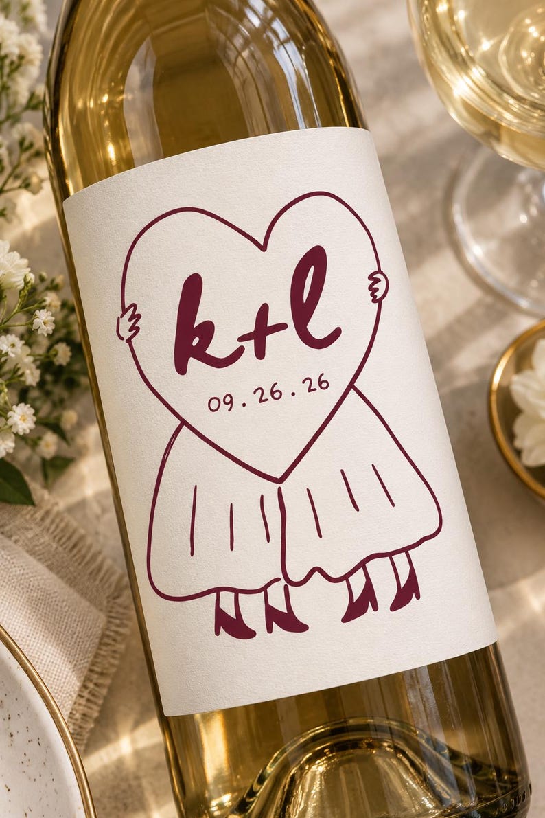 May include: A clear glass wine bottle with a white rectangular label featuring a dark red line drawing of a heart held by two figures wearing skirts and heels. The text k+l and the date 09.26.26 are printed in dark red inside the heart shape.