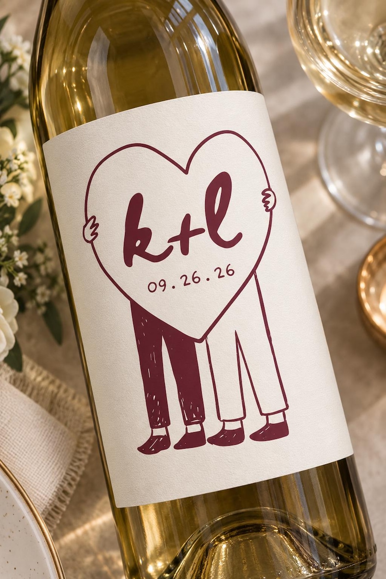 May include: A glass wine bottle with a white label featuring a dark red line drawing of two figures holding a large heart. The heart contains the letters k+l and the date 09.26.26. The figures are depicted from the waist down, wearing trousers and shoes.