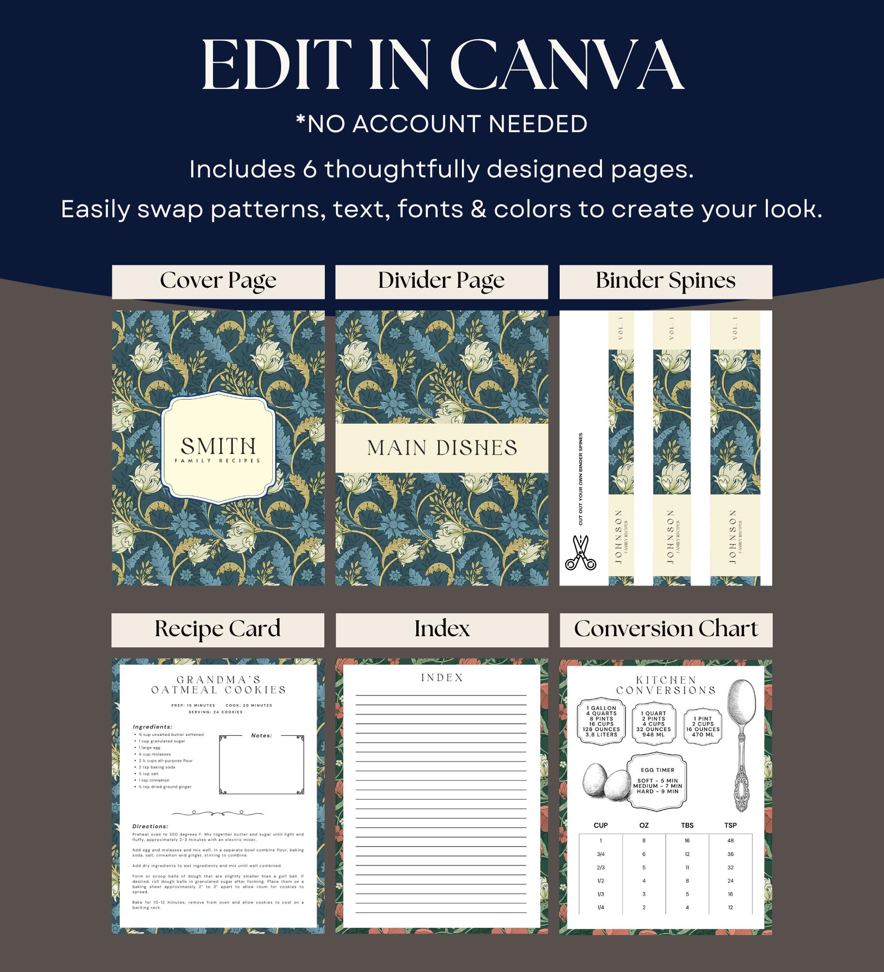 Editable Recipe Book Digital Download Canva Template Cookbook Binder ...