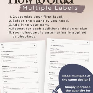 Puede incluir: Un gr&aacute;fico de instrucciones titulado How to Order Multiple Labels con cinco pasos numerados. Debajo, dos formularios de pedido digitales muestran campos para tama&ntilde;o, texto del destinatario, mensaje, color de lazo, color de texto y cantidad.