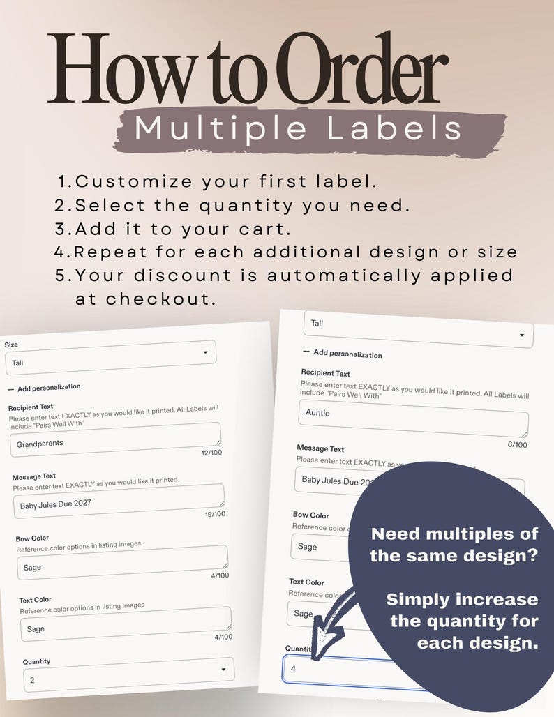 Puede incluir: Un gr&aacute;fico de instrucciones titulado How to Order Multiple Labels con cinco pasos numerados. Debajo, dos formularios de pedido digitales muestran campos para tama&ntilde;o, texto del destinatario, mensaje, color de lazo, color de texto y cantidad.