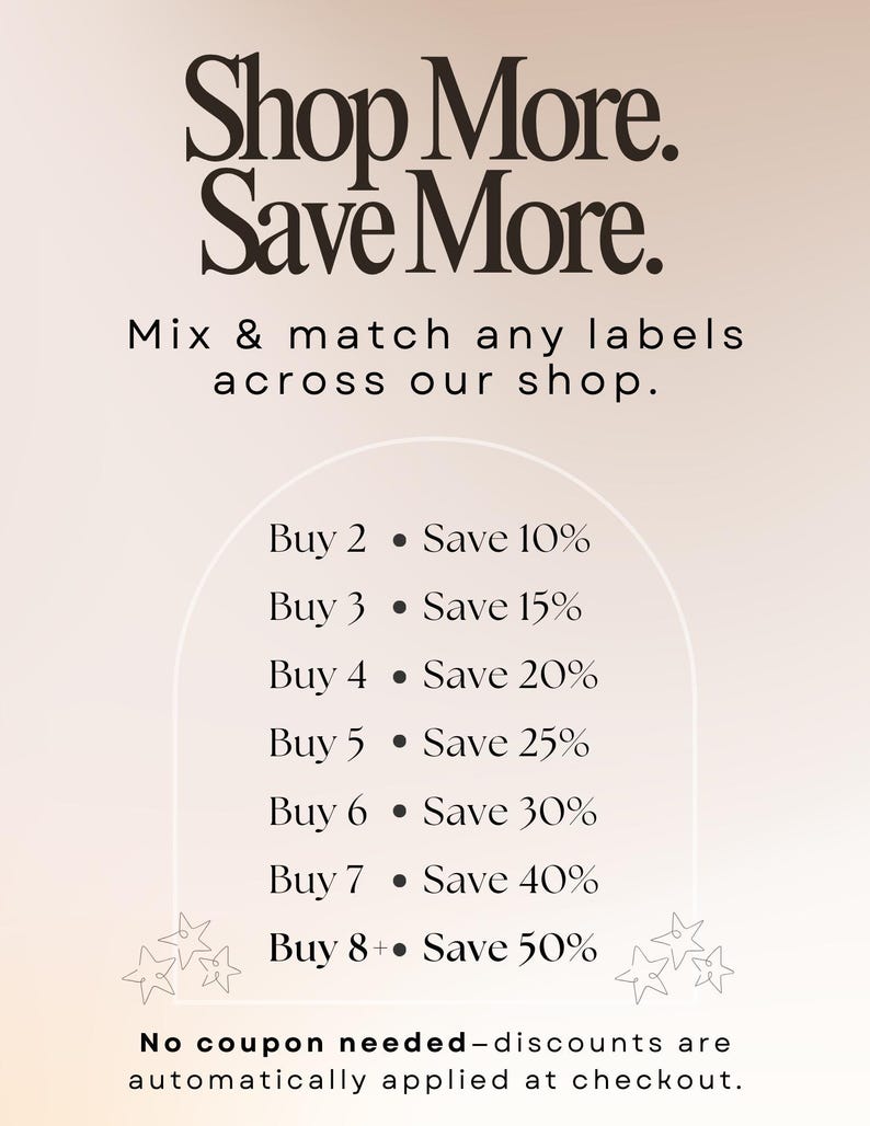Puede incluir: Un gr&aacute;fico promocional con el texto Shop More. Save More. Mix & match any labels across our shop. Enumera niveles de descuento desde Buy 2 Save 10% hasta Buy 8+ Save 50% con estrellas. El texto indica No coupon needed-discounts are automatically applied.