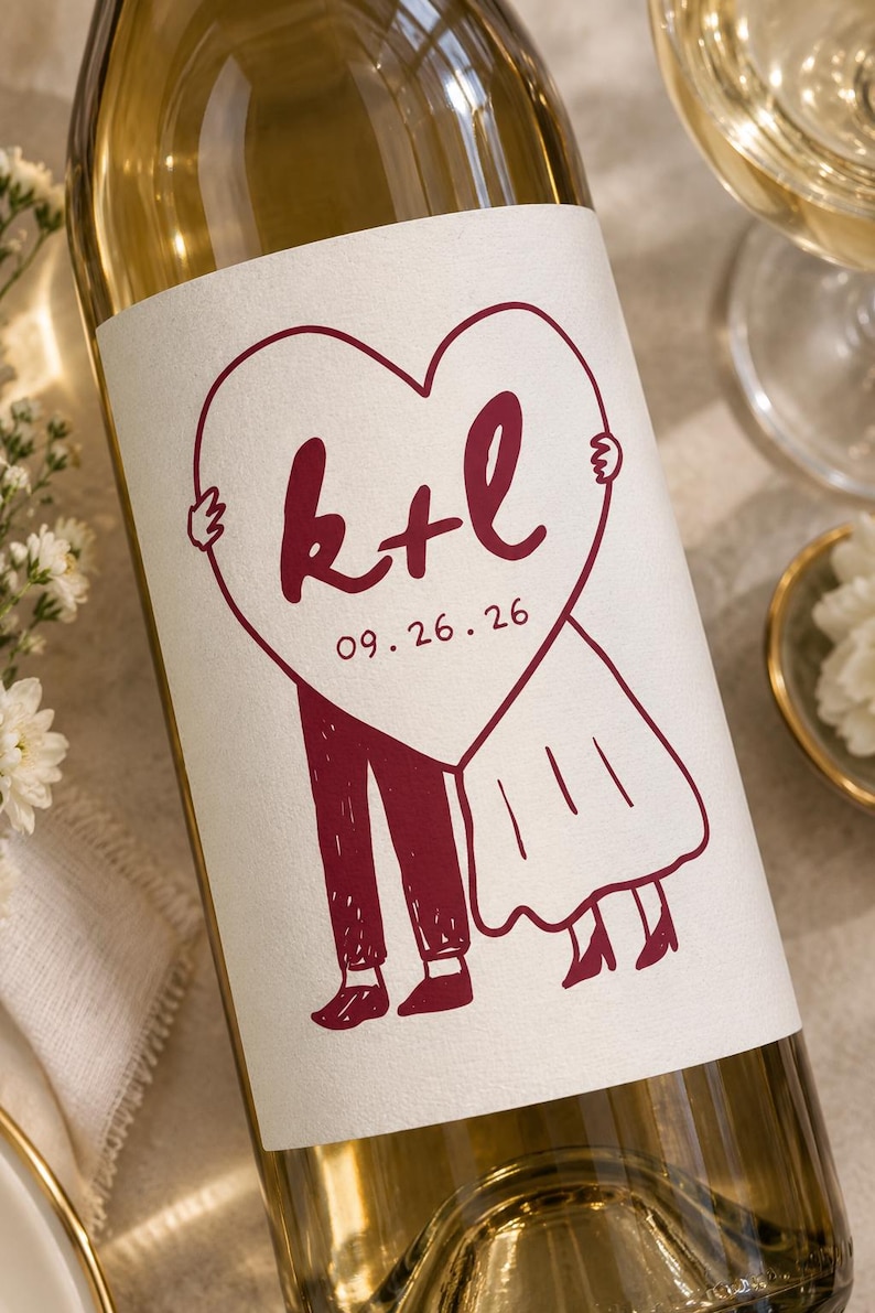 May include: A glass wine bottle with a white label featuring a dark red line drawing of two figures holding a large heart. The heart contains the letters k+l and the date 09.26.26. The figures are depicted in a simple, sketch-like style.