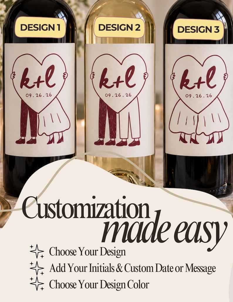 May include: Three wine bottles with custom labels featuring a heart-shaped graphic containing the initials k+l and the date 09.26.26. The labels show illustrations of two figures in different outfits. Text on the image reads Customization made easy.