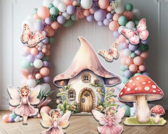 UP3461 Fairy Garden Watercolor Butterflies Mushroom Set Coroplast Party Prop decoration cutout sign (No Stakes or stands included )