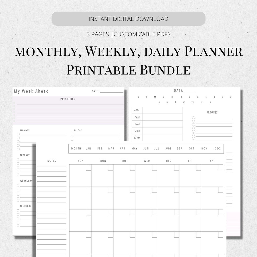 Monthly/weekly/daily Planner Printable Bundle | Undated | Customizable ...