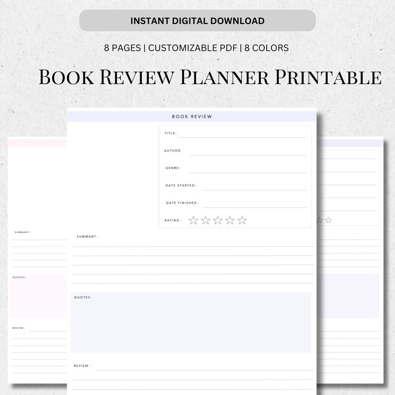Book Review Planner Printable | Customizable | Book Review Template - Etsy