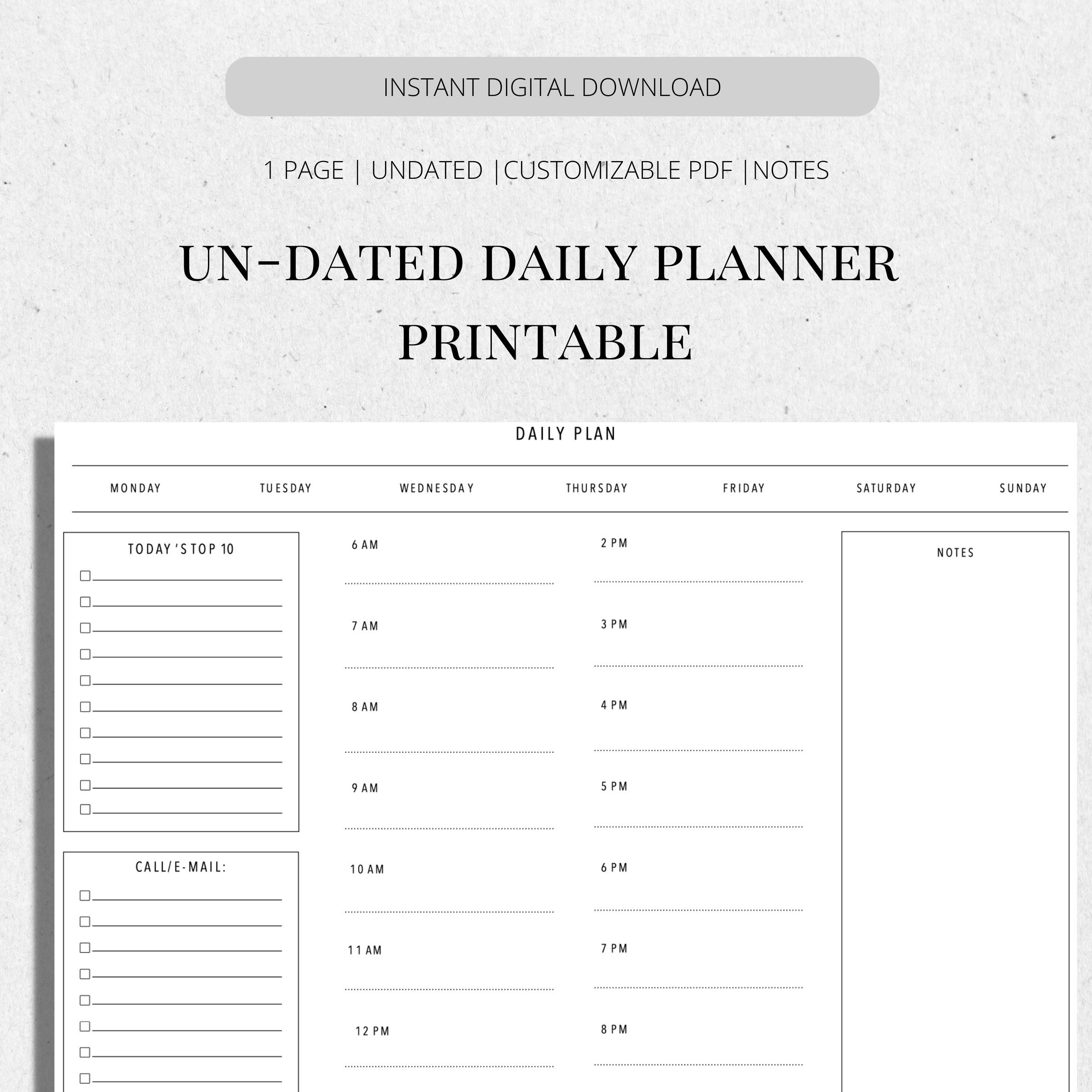 Daily Planner Printable PDF | Undated | Customizable | Minimalist ...