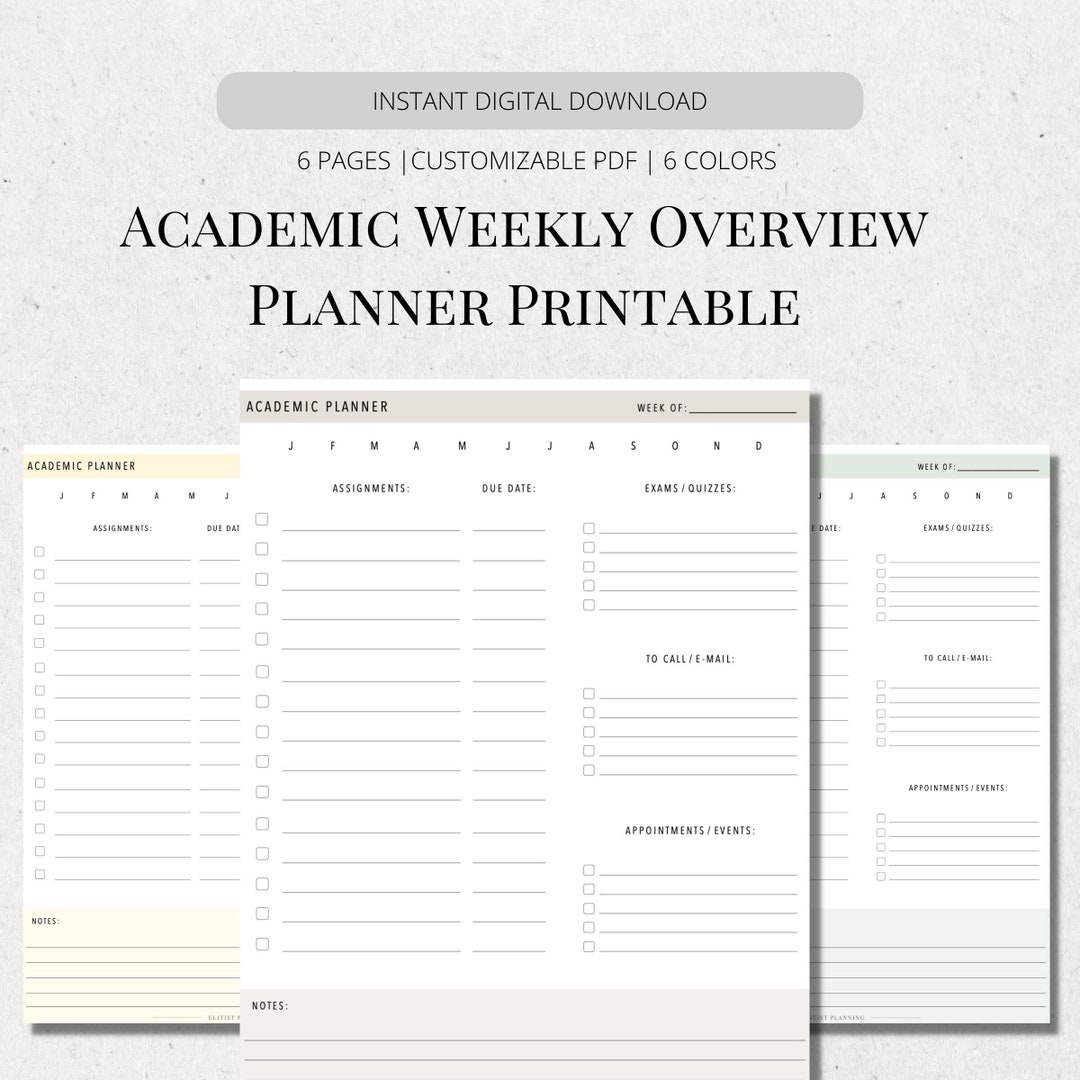 Academic Planner Weekly Overview Planner Printable Customizable