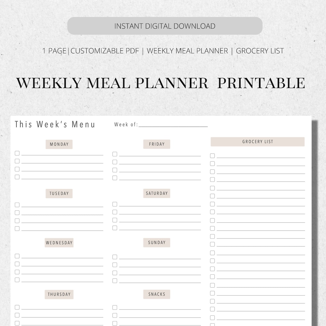 Weekly Meal Planner Printable | Customizable PDF | Undated | Horizontal ...