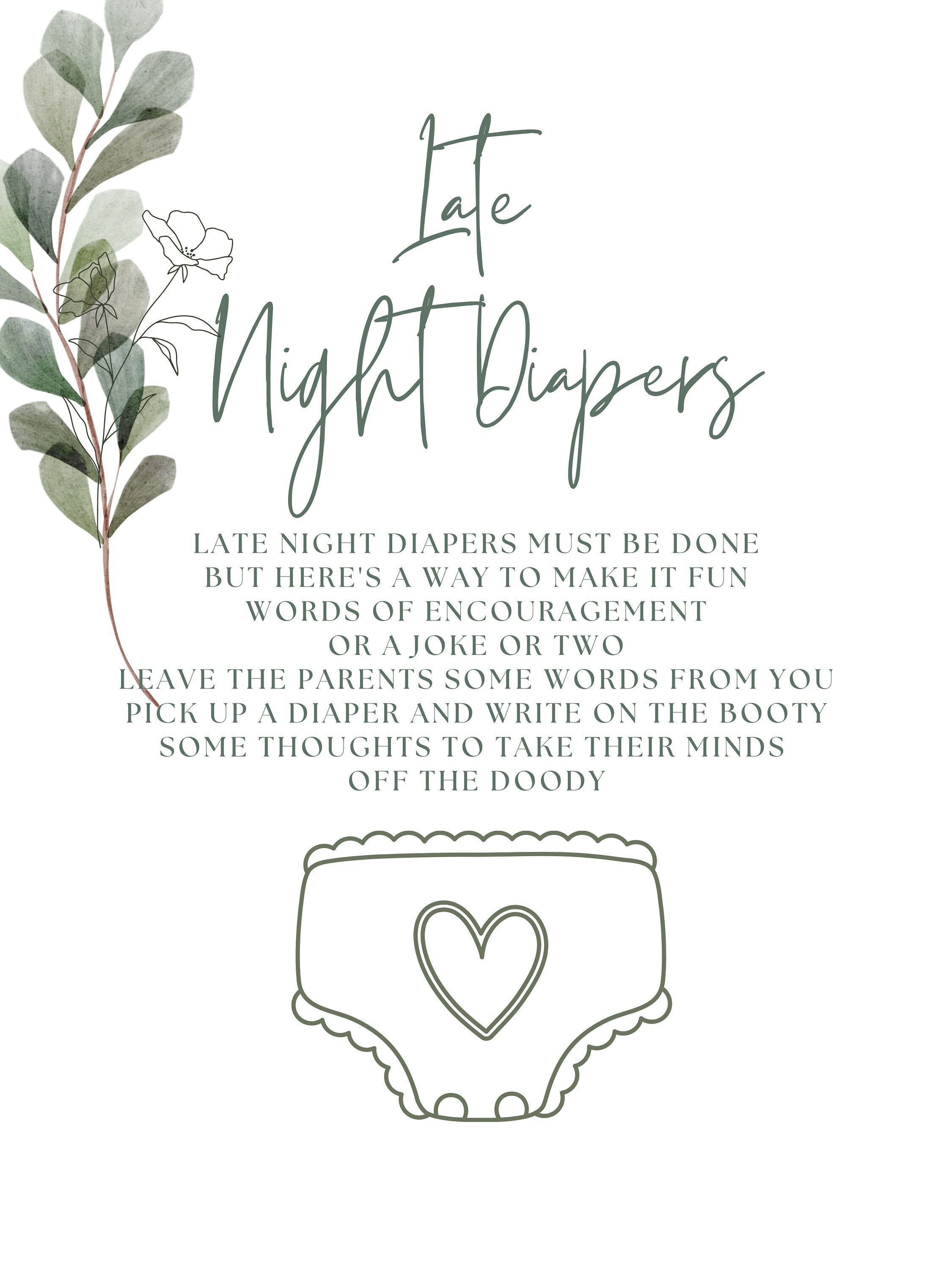 Late Night Diaper Message Sign, Instant Download, Botanical Baby Shower