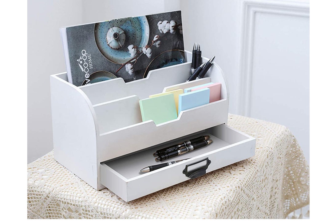 White Wooden Desk Organizer With Sliding Drawer 3 Tire Office Etsy