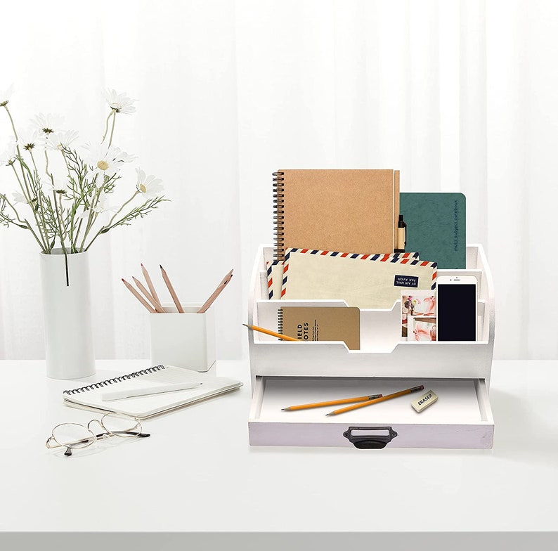 White Wooden Desk Organizer With Sliding Drawer 3 Tire Office Etsy