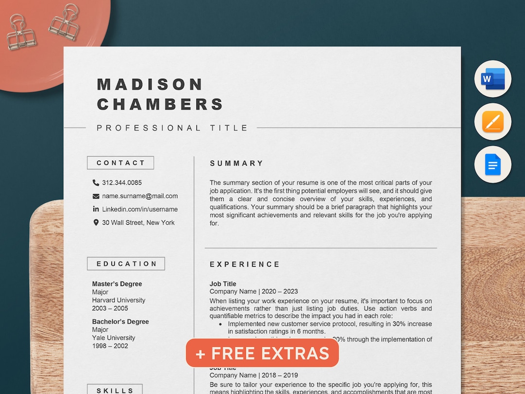 Minimalist Resume Template: Modern CV, Cover Letter (word, Google Docs ...