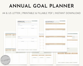 Annual Goal Planner | Yearly Goal Setting Planner with Quarterly, Monthly & Daily Pages, Undated 30 Day Calendar, Printable and Fillable PDF
