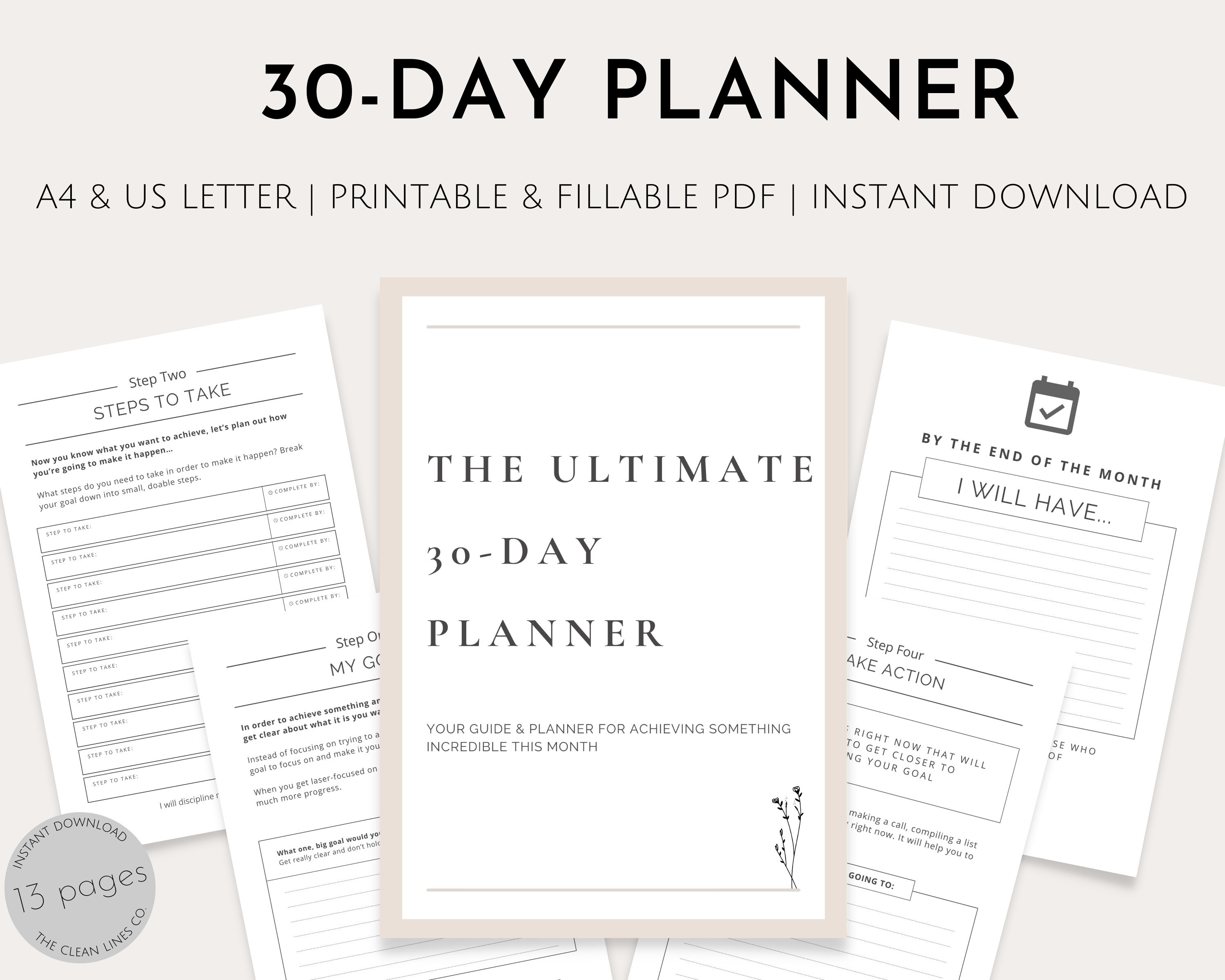 30 Day Planner | Guided Monthly Goal Setting Workbook With Undated 30 ...