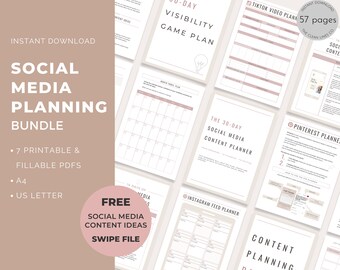 May include: A digital download bundle of printable social media planning templates. The bundle includes 7 fillable PDFs in A4 and US Letter sizes. The bundle includes a 30-day social media content planner, a 30-day visibility game plan, a 14-day social media content ideas swipe file, a Pinterest planner, an Instagram feed planner, and a TikTok video planner.