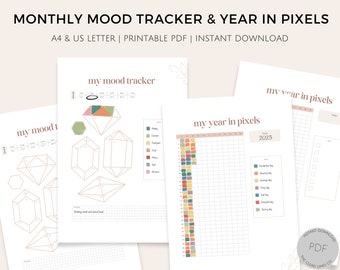 Mood Tracker & Year In Pixels | Monthly Mood Tracker and A Year In Pixels, Daily and Yearly Mood Tracker, Printable, Digital Download, PDF