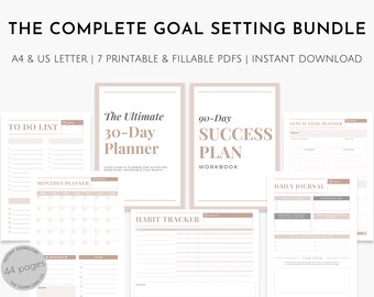 May include: A digital download bundle of printable goal setting planners. The bundle includes a to-do list, monthly planner, 30-day planner, 90-day success plan workbook, habit tracker, annual goal planner, and daily journal. The planners are designed in a minimalist style with a light brown background.