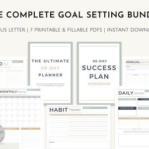 Op de afbeelding: Een set printbare doelplanners in PDF-formaat. De planners omvatten een to-dolijst, een maandplanner, een 30-dagenplanner, een 90-dagen succesplan-werkboek, een jaarlijkse doelplanner, een gewoontetracker en een dagelijks dagboek.