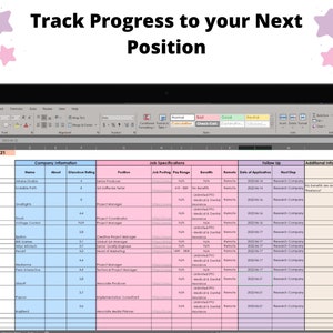 May include: A spreadsheet with a light blue and pink color scheme. The spreadsheet is titled "Track Progress to your Next Position". The spreadsheet has columns for company information, job specifications, follow up, and additional information. The spreadsheet is dated 2022-06-21.