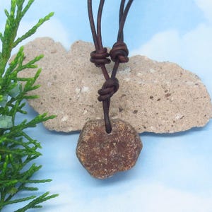 May include: A brown leather cord necklace with a rough, dark brown, irregularly shaped stone pendant.