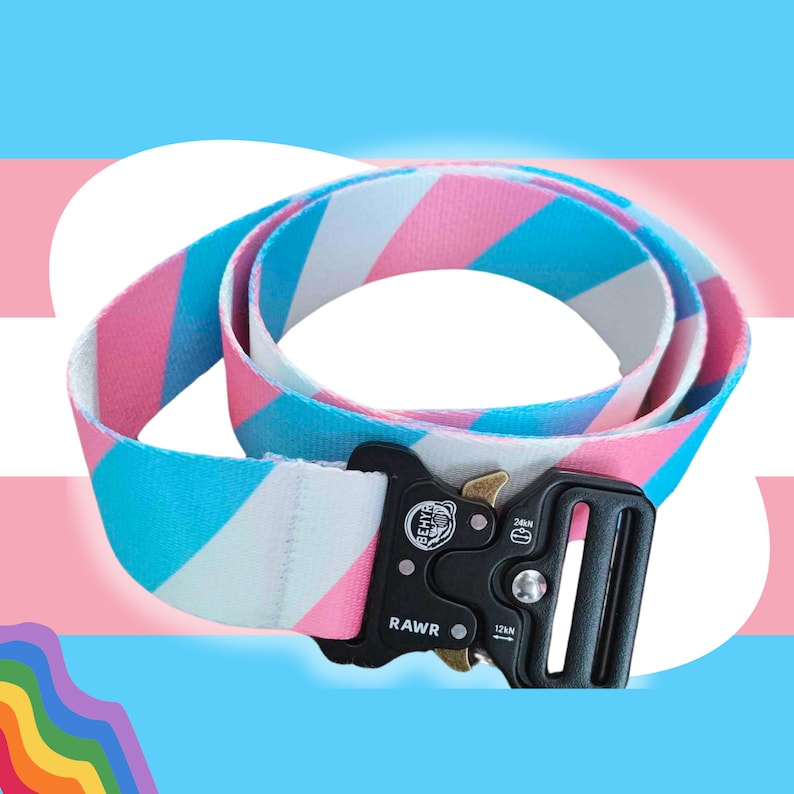Op de afbeelding: Een roze, blauwe en witte gestreepte riem met een zwarte gesp. De gesp heeft de tekst "RAW" en "BEHR" erop.