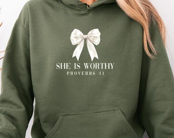 She Is Worthy Hoodie, Christian Girl Pullover, Proverbs Bible Jumper, Christmas Bible Top, Gift Girl Jumper Xmas, Christian Coquette Top