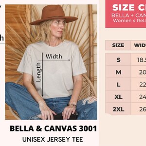 Pu&ograve; includere: Tabella delle taglie per la t-shirt in jersey unisex Bella + Canvas 3001 e la t-shirt in jersey rilassato per donna Bella + Canvas 6400. La tabella mostra le taglie dalla XS alla 2XL con le misure di larghezza e lunghezza corrispondenti in pollici. La tabella include anche le taglie del Regno Unito per ogni taglia.