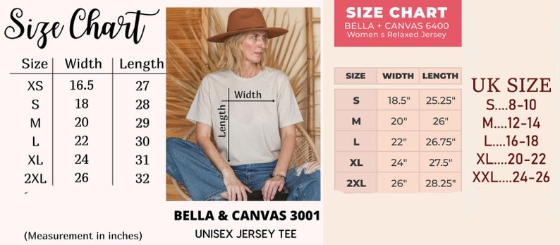 Pu&ograve; includere: Tabella delle taglie per la t-shirt in jersey unisex Bella + Canvas 3001 e la t-shirt in jersey rilassato per donna Bella + Canvas 6400. La tabella mostra le taglie dalla XS alla 2XL con le misure di larghezza e lunghezza corrispondenti in pollici. La tabella include anche le taglie del Regno Unito per ogni taglia.