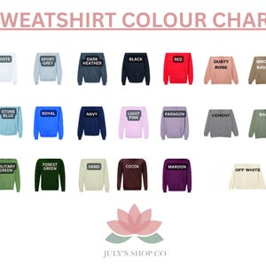 The image is a color chart that displays various colors of sweatshirts, including white, grey, black, red, brown, and off-white.