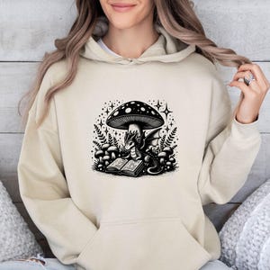 Dragon Reading Hoodie, Mushroom Dragon Jumper, Cute Dragon Pullover, Little Dragon Hoodie, Bookish Mushroom Top, Dragon Lover Gift Hoodie