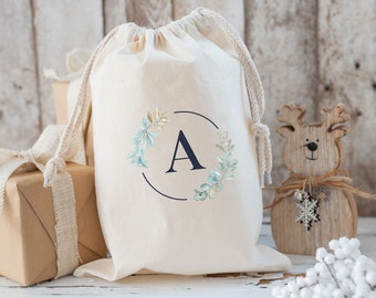 Personalised Sack, Monogram Sack, Custom Gift Bag, Initial Sack, Christmas Sack, Floral Wreath, Drawstring Bag,  Laundry Bag, Bridal Gift