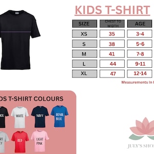 The image is a collage of three sections: a black t-shirt, a size chart, and a selection of kids' t-shirt colors.