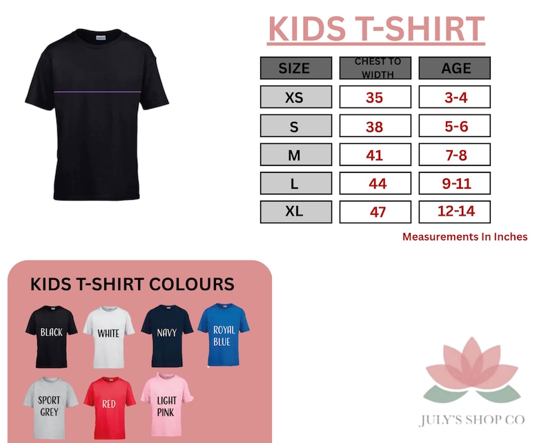 The image is a collage of three sections: a black t-shirt, a size chart, and a selection of kids' t-shirt colors.