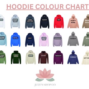 The image is a color chart displaying various colored hoodies, each with a different color and label.