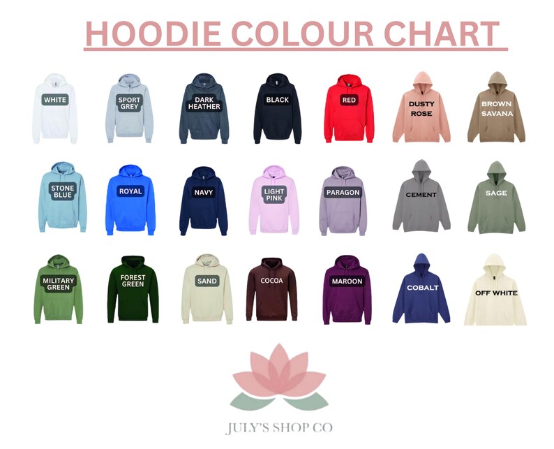 The image is a color chart displaying various colored hoodies, each with a different color and label.
