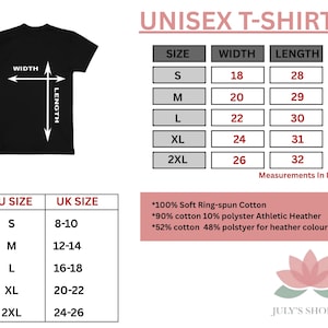 The image is a collage of various images, including a black t-shirt with measurements, a table with different UK and EU sizes, and a logo for July's Shop Co.