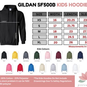 The image is a detailed size chart for a GILDAK SF500B kids hoodie, including measurements for chest, waist, hips, shoulders, and length. It also lists the corresponding sleeve sizes for XS, S, M, L, XL, and XXL. The chart provides color options for the hoodie, with a color guide for each size. The image also includes a warning that the hoodies do not include drawstrings, and that the measurements are based on the full length of the hoodie.