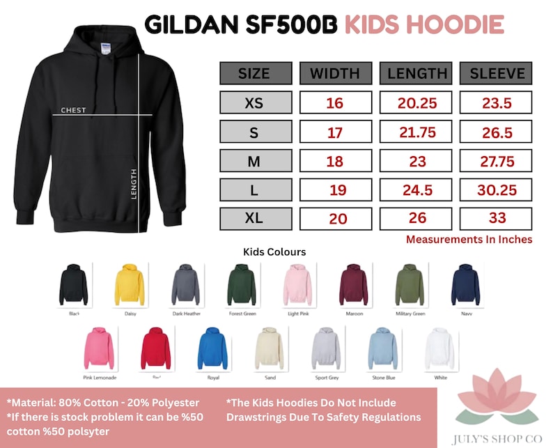 The image is a detailed size chart for a GILDAK SF500B kids hoodie, including measurements for chest, waist, hips, shoulders, and length. It also lists the corresponding sleeve sizes for XS, S, M, L, XL, and XXL. The chart provides color options for the hoodie, with a color guide for each size. The image also includes a warning that the hoodies do not include drawstrings, and that the measurements are based on the full length of the hoodie.