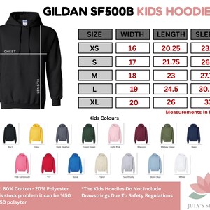 The image is a detailed size chart for a GILDAK SF500B kids hoodie, including measurements for chest, waist, hips, shoulders, and length. It also lists the corresponding sleeve sizes for XS, S, M, L, XL, and XXL. The chart provides color options for the hoodie, with a color guide for each size. The image also includes a warning that the hoodies do not include drawstrings, and that the measurements are based on the full length of the hoodie.