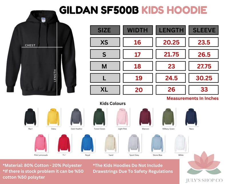 The image is a detailed size chart for a GILDAK SF500B kids hoodie, including measurements for chest, waist, hips, shoulders, and length. It also lists the corresponding sleeve sizes for XS, S, M, L, XL, and XXL. The chart provides color options for the hoodie, with a color guide for each size. The image also includes a warning that the hoodies do not include drawstrings, and that the measurements are based on the full length of the hoodie.