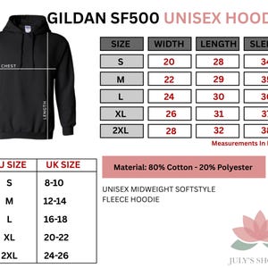 The image is a size chart for a GILDA SF500 unisex hoodie, providing measurements for different sizes and corresponding measurements in inches.
