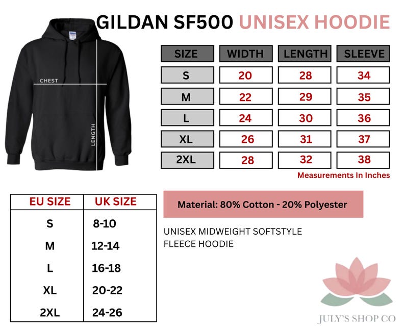 The image is a size chart for a GILDA SF500 unisex hoodie, providing measurements for different sizes and corresponding measurements in inches.