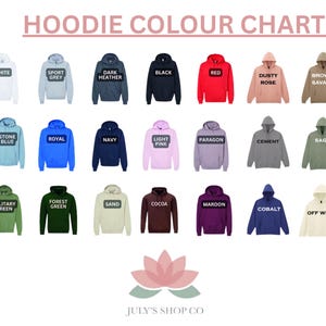 The image is a color chart displaying various colored hoodies, each with a different color and label.