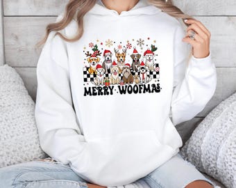 Merry Woofmas Hoodie, Christmas Dog Pullover, Xmas Dog Jumper, Cute Dogs Hoodie, Dog Lover Xmas Gift Top, Funny Dog Hoodie, Xmas Woofmas Top