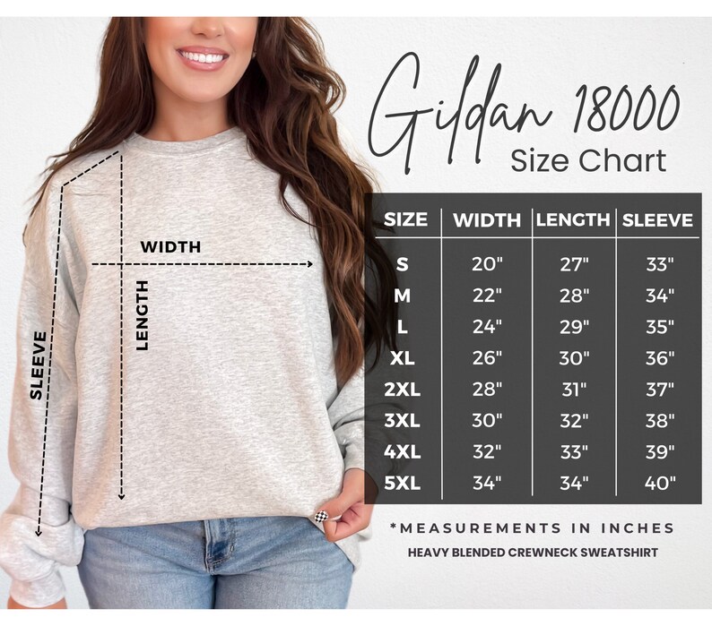 May include: Size chart for Gildan 18000 heavy blended crewneck sweatshirt. The chart shows measurements in inches for width, length, and sleeve length for sizes S through 5XL.