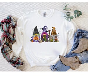 T-shirt Halloween Motifs Nains, Citrouilles Et Sorcières - Manches Longues - Pour Femmes, Enfants Et Fans D'automne - Coupe Classique Confortable