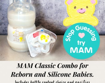 MAM Classic Reborn Bundle. Includes bottle with choice of contents and pacifier with or without modifications.